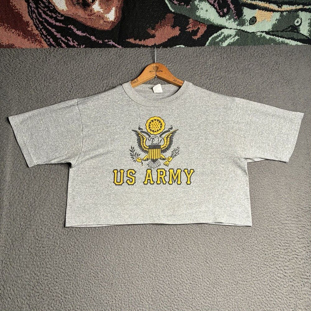Vintage 80s US Army T Shirt Crop Top Womens Large Gray Boxy
